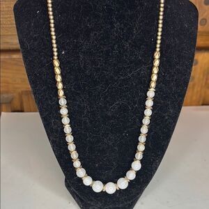 Long Contemporary Gold tone acrylic and White glass Beaded Necklace 32”